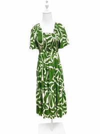 Green Abstract Smocked Tiered Dress
