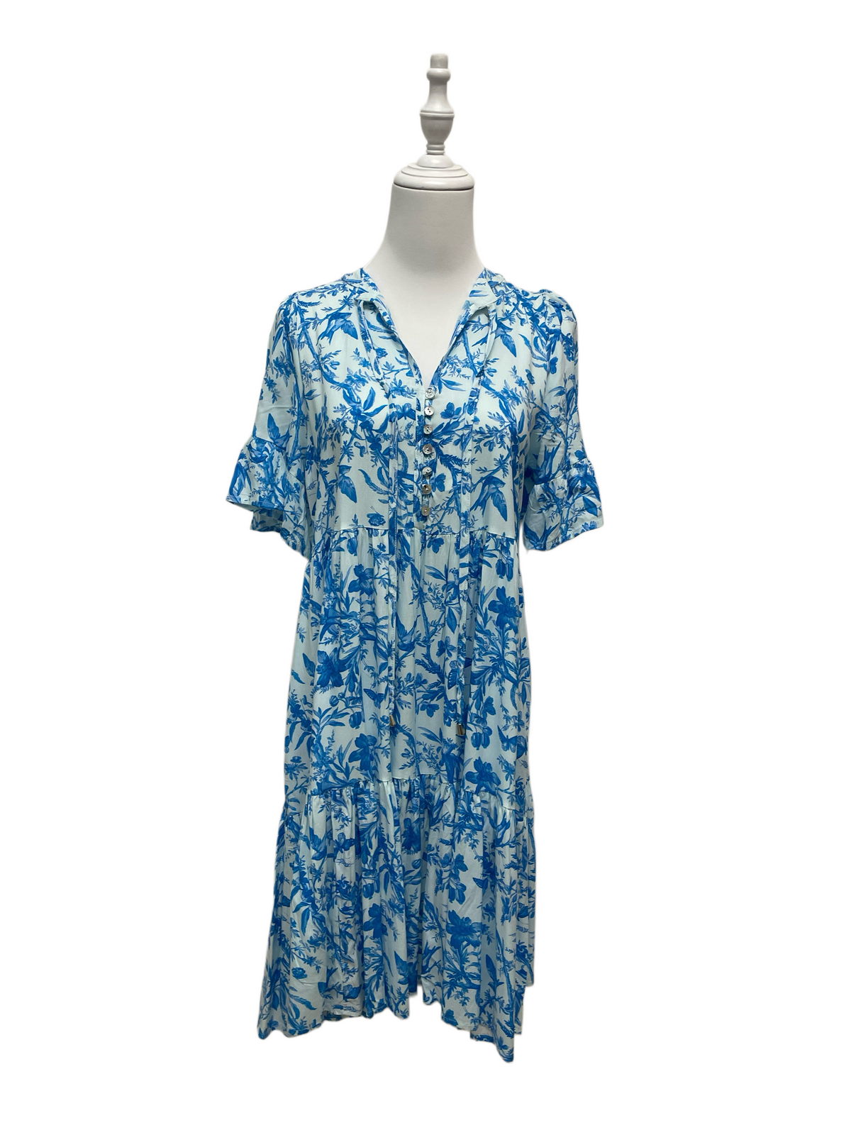 Blue Floral Button-Front Tiered Midi Dress