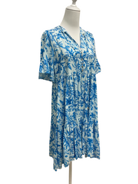 Blue Floral Button-Front Tiered Midi Dress
