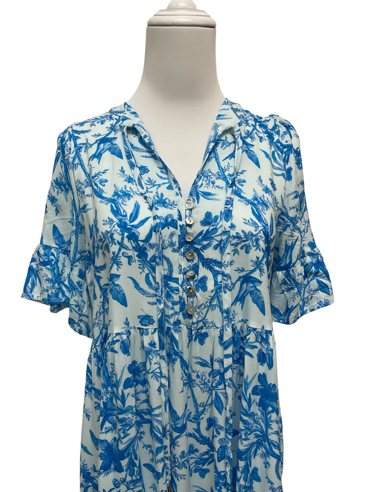 Blue Floral Button-Front Tiered Midi Dress