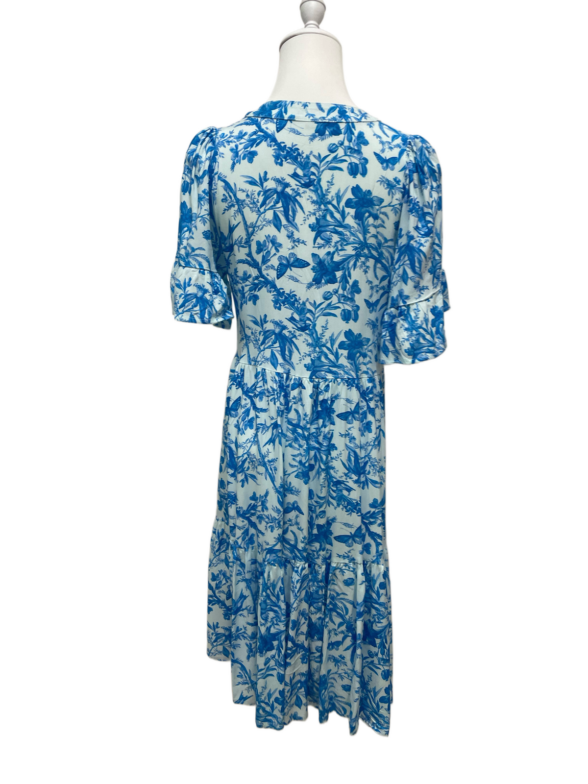 Blue Floral Button-Front Tiered Midi Dress