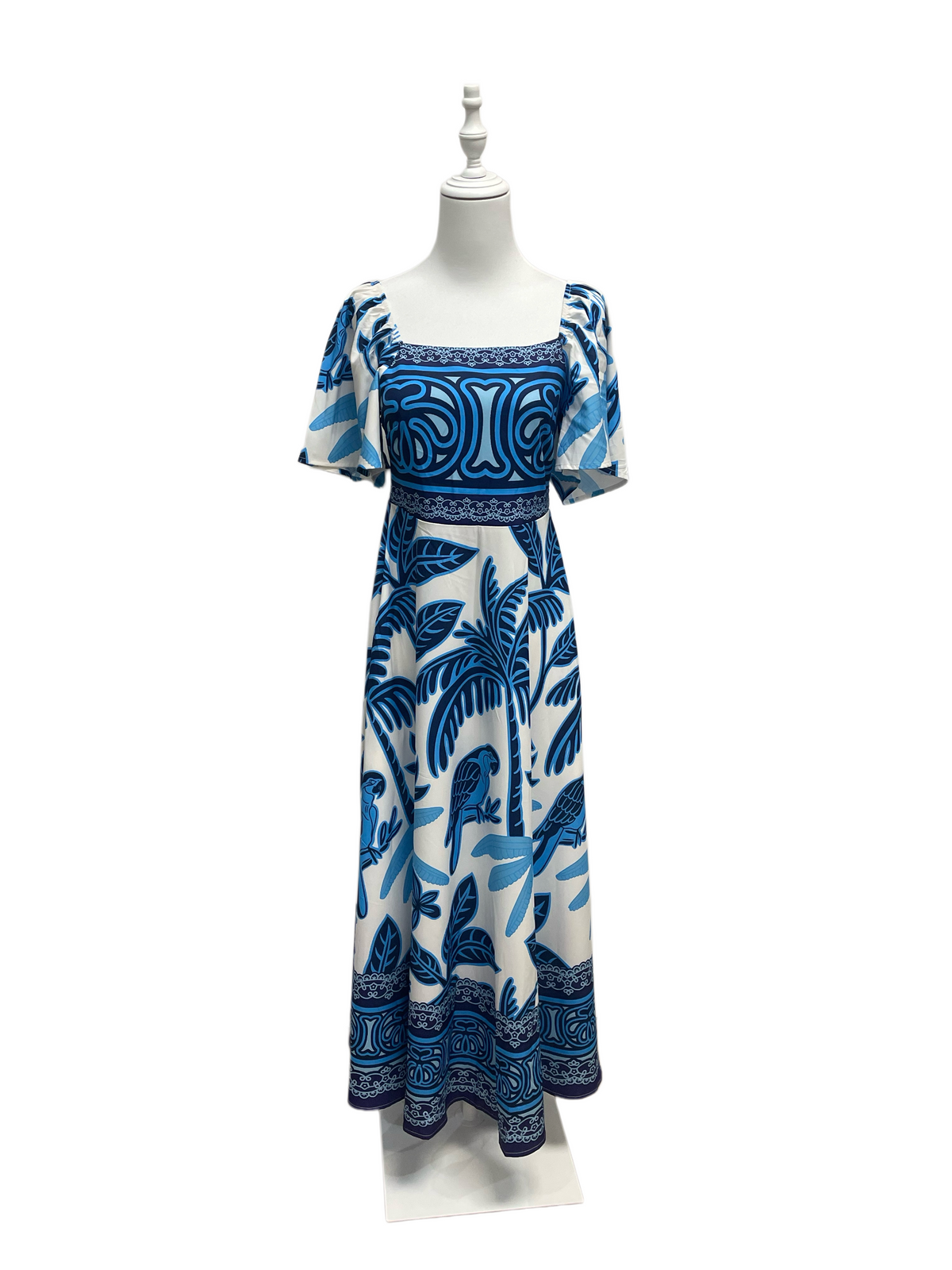 Blue Bird Print Square Neck Midi Dress