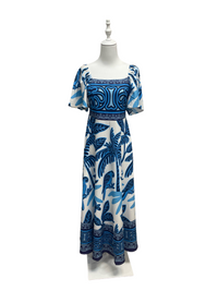Blue Bird Print Square Neck Midi Dress
