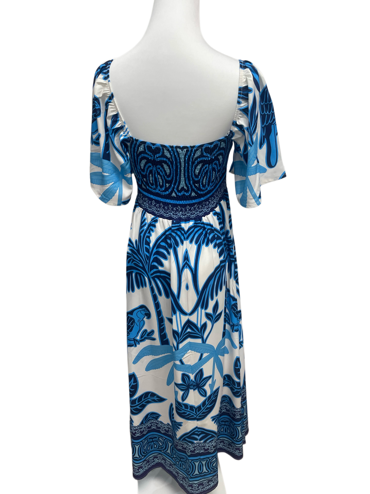 Blue Bird Print Square Neck Midi Dress
