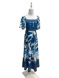 Blue Bird Print Square Neck Midi Dress