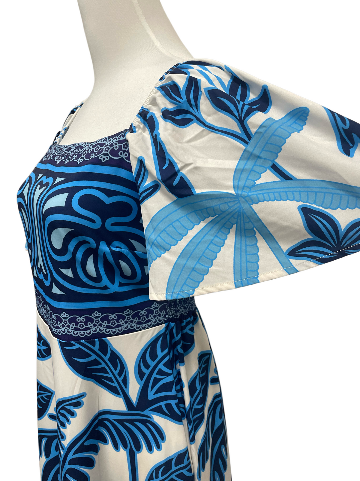 Blue Bird Print Square Neck Midi Dress