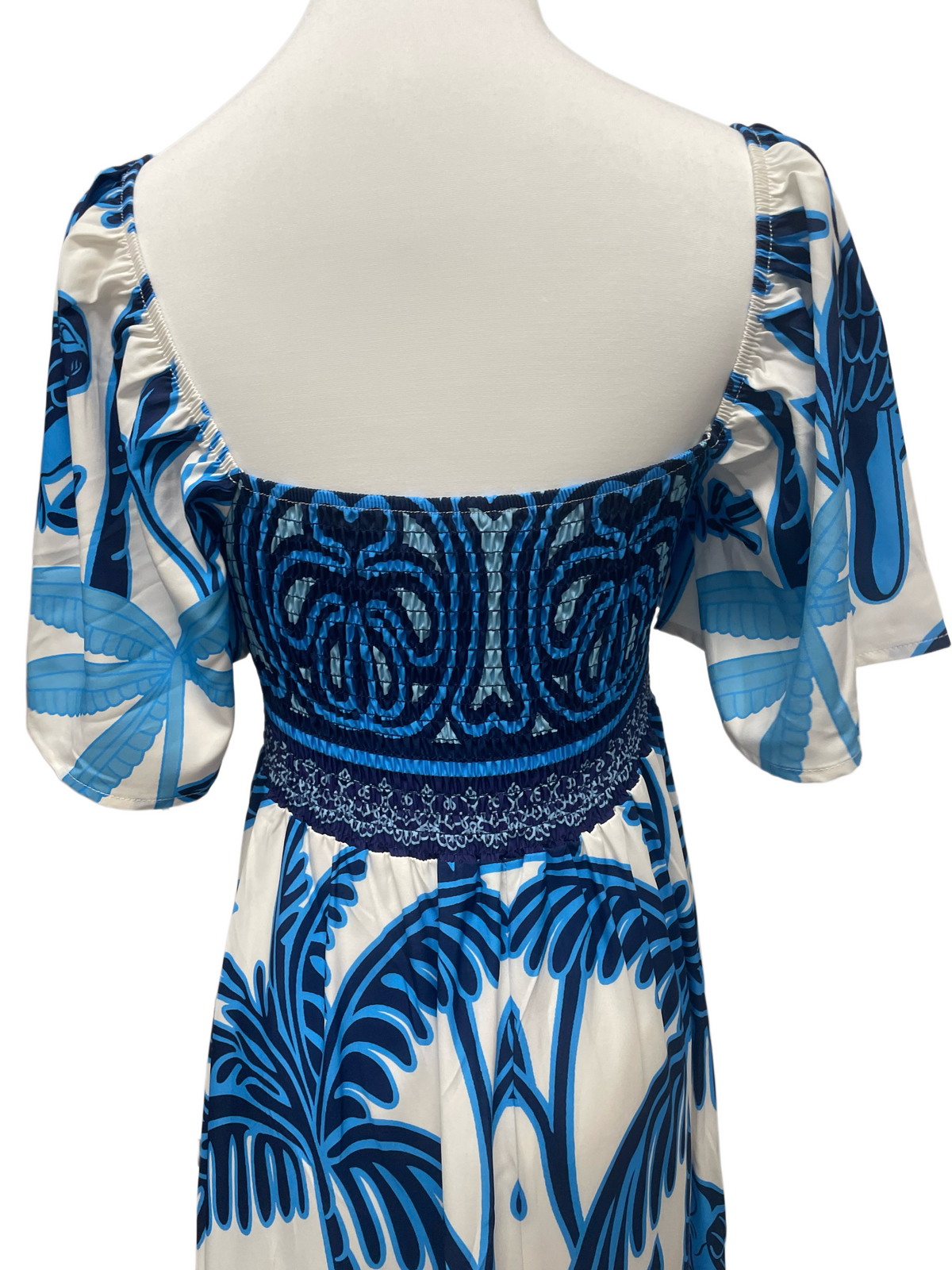 Blue Bird Print Square Neck Midi Dress