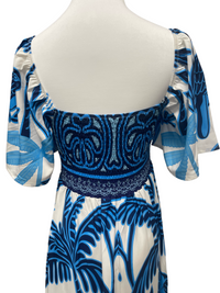 Blue Bird Print Square Neck Midi Dress