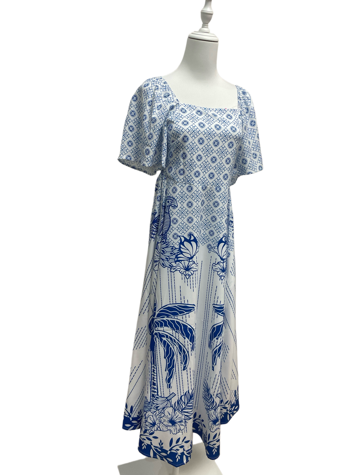 Blue Tile and Palm Flutter-Sleeve Maxi Dress