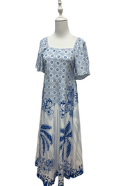 Blue Tile and Palm Flutter-Sleeve Maxi Dress