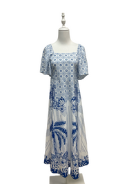 Blue Tile and Palm Flutter-Sleeve Maxi Dress