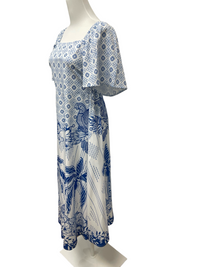 Blue Tile and Palm Flutter-Sleeve Maxi Dress
