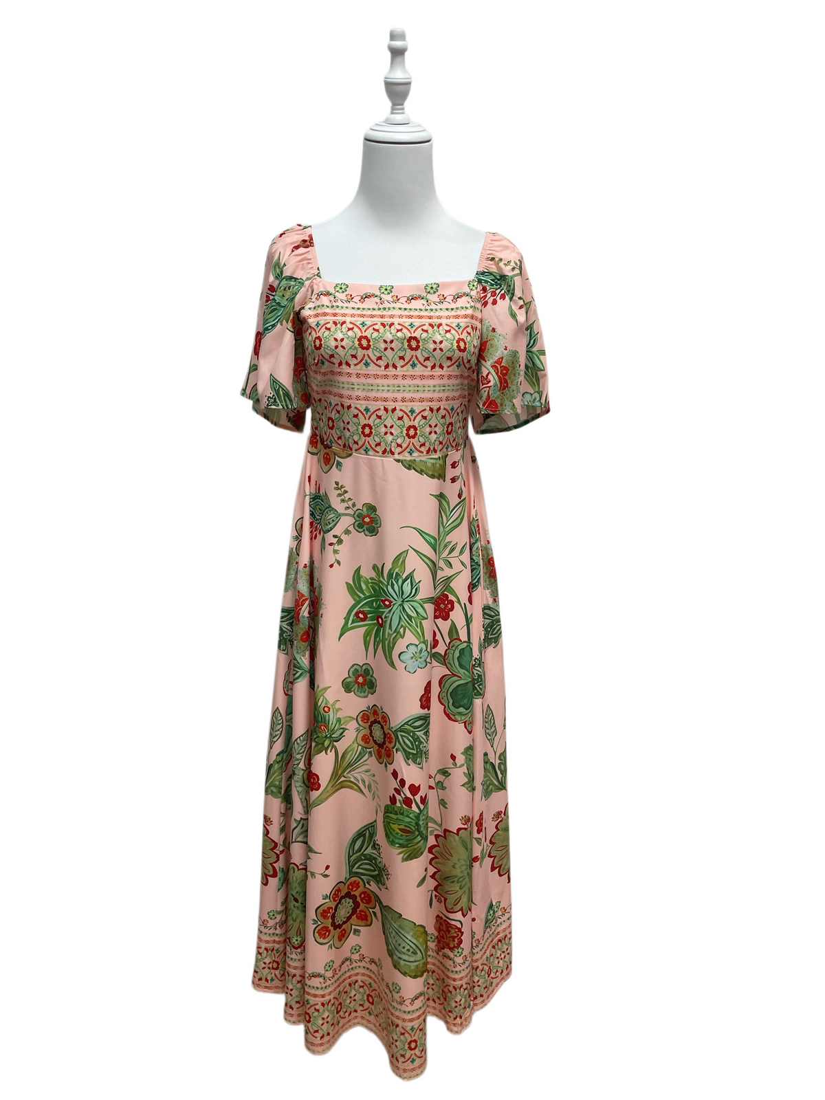 Cream Paisley Floral Square-Neck Maxi Dress