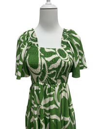 Green Abstract Smocked Tiered Dress