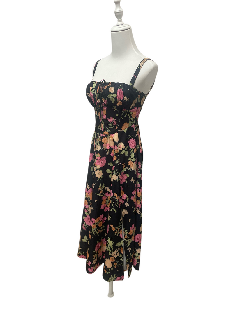 Midnight Bloom Lace-Up Midi Dress