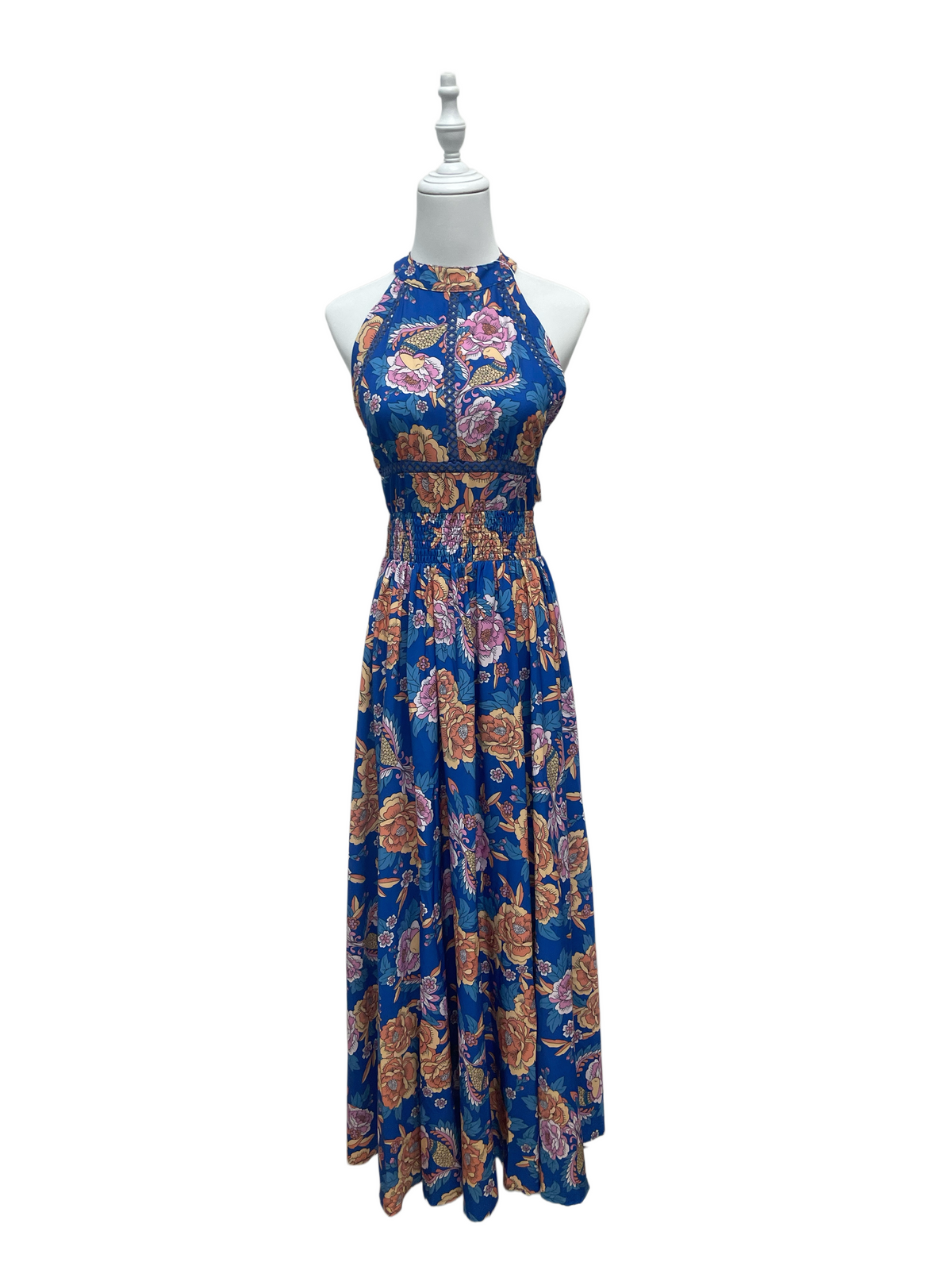 Sapphire Bloom Halter Maxi Dress