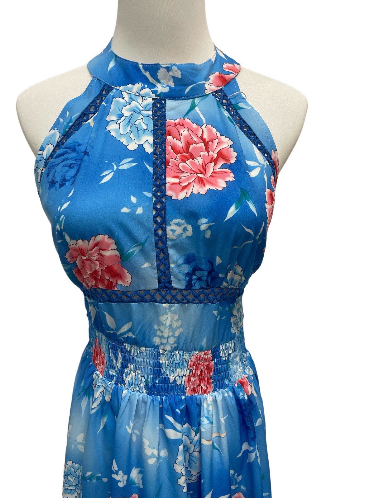 Azure Blossom Halter Maxi Dress
