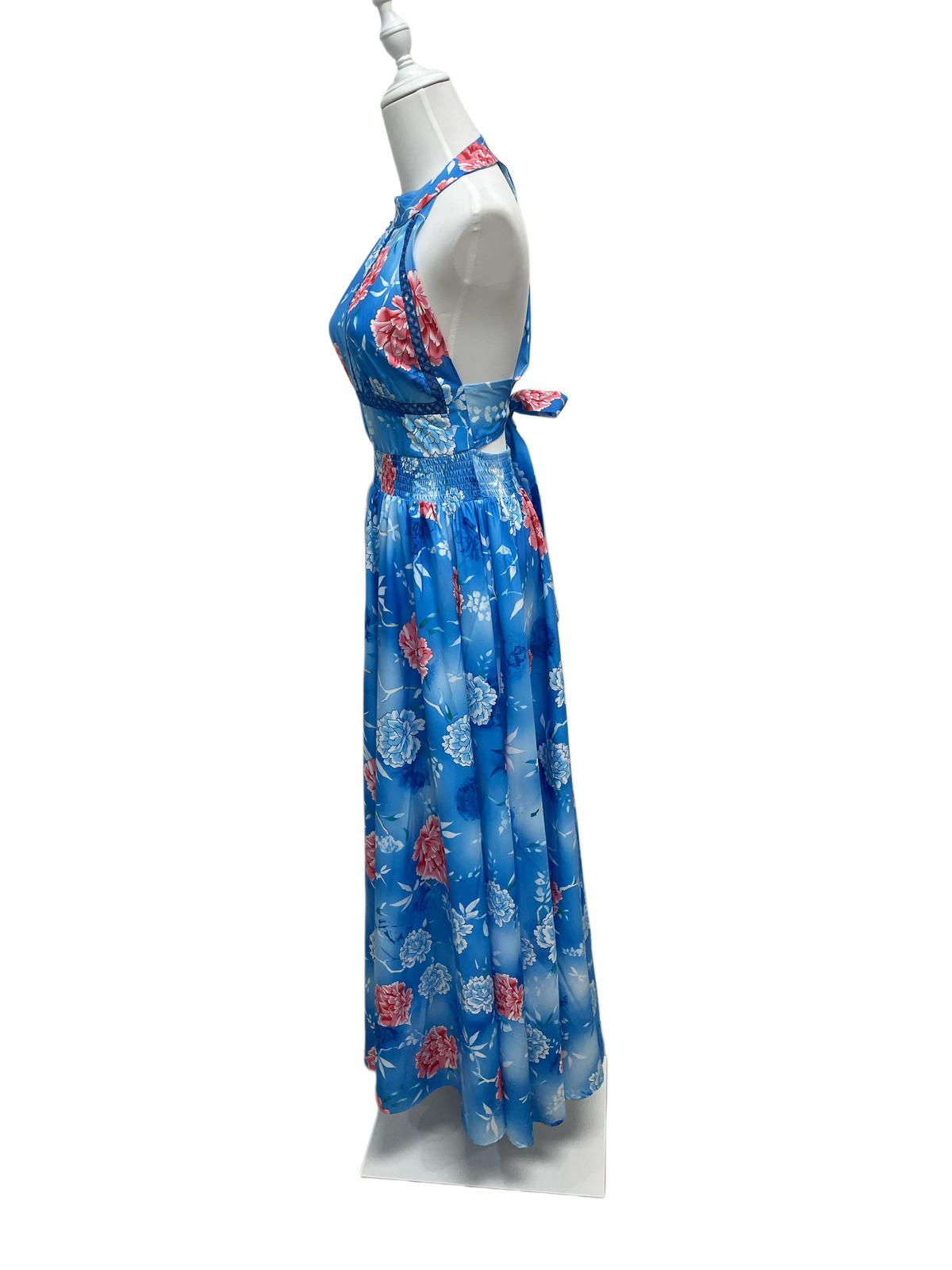 Azure Blossom Halter Maxi Dress