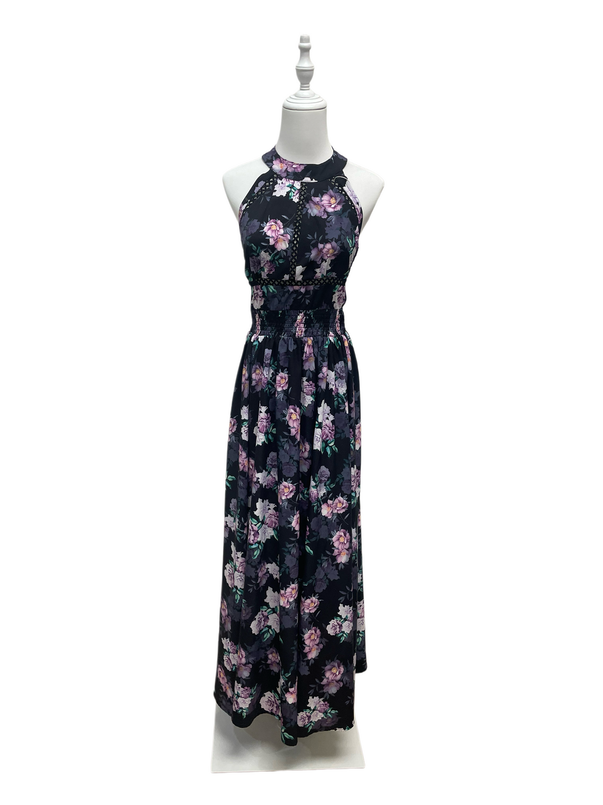 Midnight Blossom Halter Maxi Dress