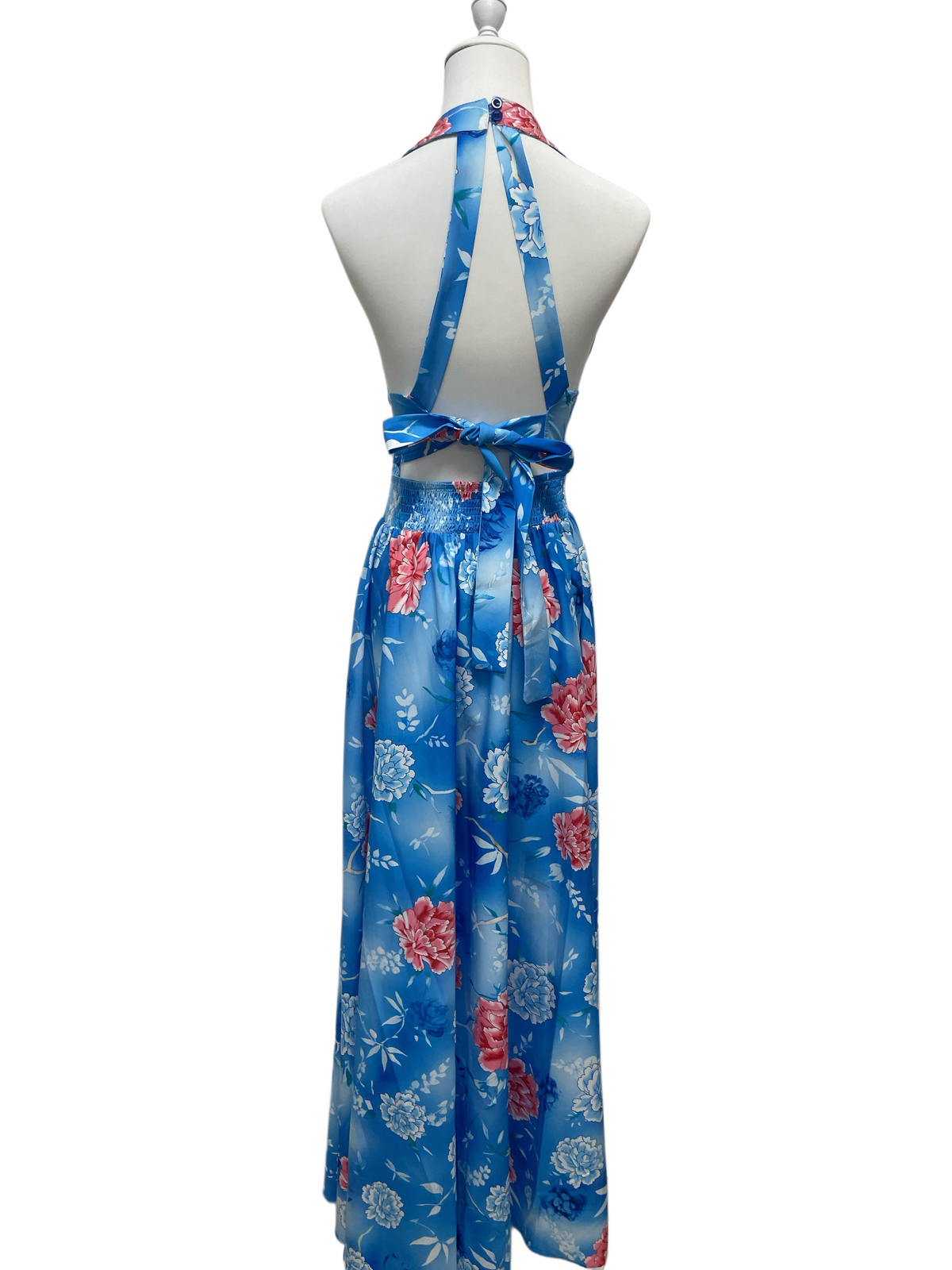 Azure Blossom Halter Maxi Dress