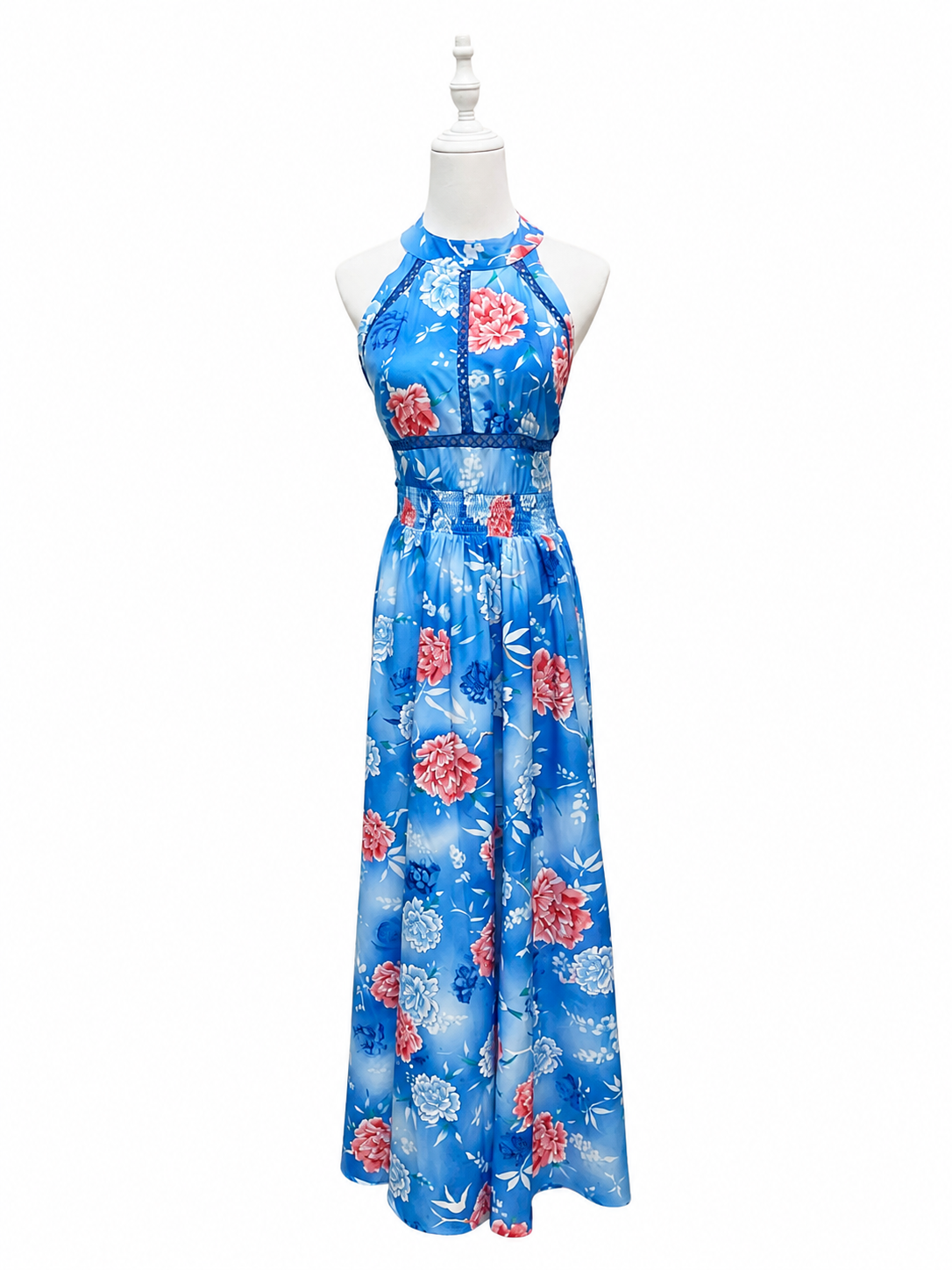 Azure Blossom Halter Maxi Dress