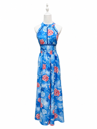 Azure Blossom Halter Maxi Dress