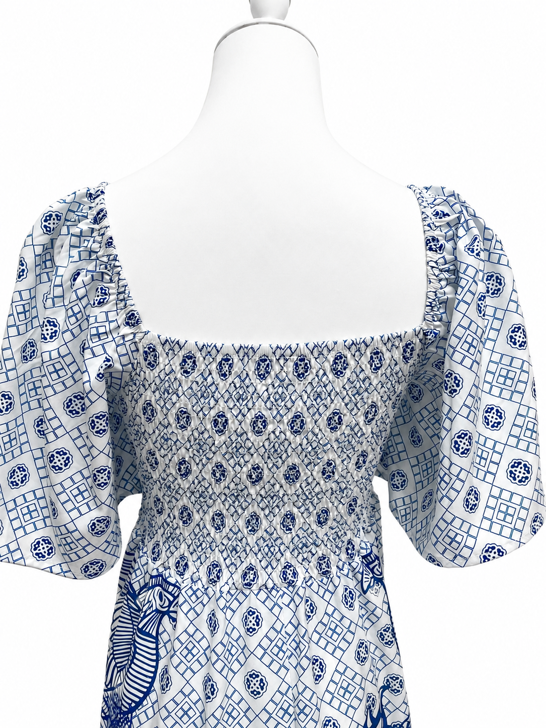 Blue Tile and Palm Flutter-Sleeve Maxi Dress