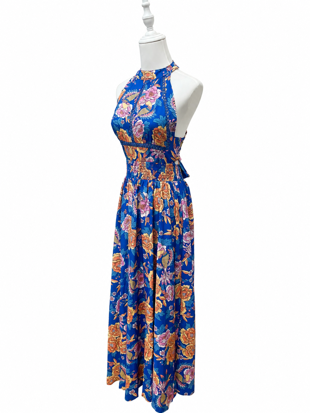 Sapphire Bloom Halter Maxi Dress